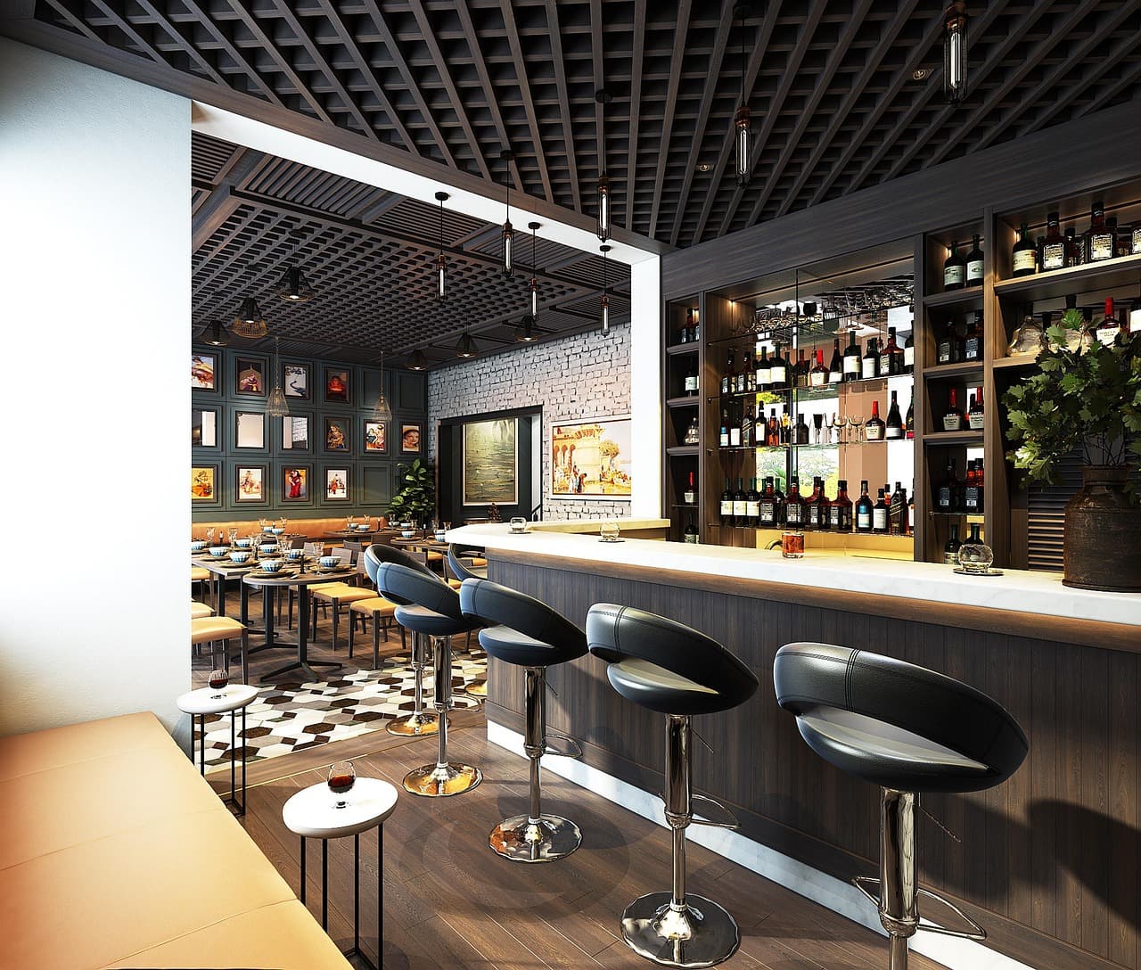 Warm restaurant interior with wooden ceiling